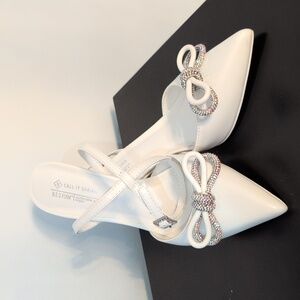 Call It Spring White Ankle Strap Sparkle Bow Pumps Size 8 3.5" Heels NWOT